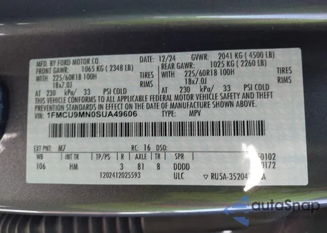 2025 Ford Escape St-Line из США, поврежденный, VIN 1FMCU9MN0SUA49606